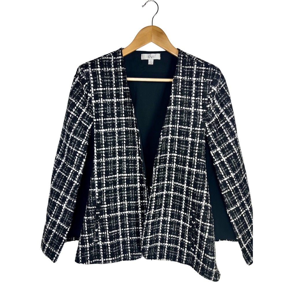 OVI Women Large Black White Shimmer Boucle Plaid Open Front Cape Blazer